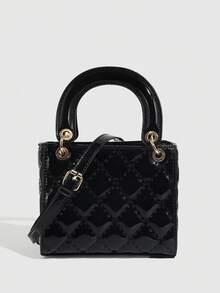 1pc PU Leather Bag, Burgundy, Versatile Quilted Glossy Handbag, Structured Small Bag, Shoulder & Crossbody Bag, Geometric Pattern