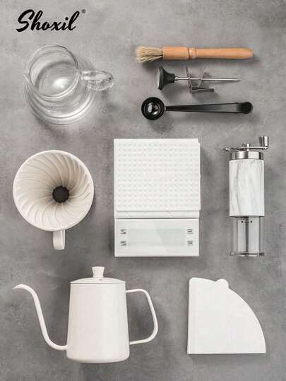 shoxil Kaffeset, storlek 02 med hällkaffebryggare, presentset med droppkaffe, resetillbehör och verktyg för kaffe, vattenkokare och termometer, glaskanna med keramisk droppkopp, manuell kaffekvarn, kaffesked, kaffevåg, rengöringsborste för kaffekvarn, 100 st. filterpapper för kaffe