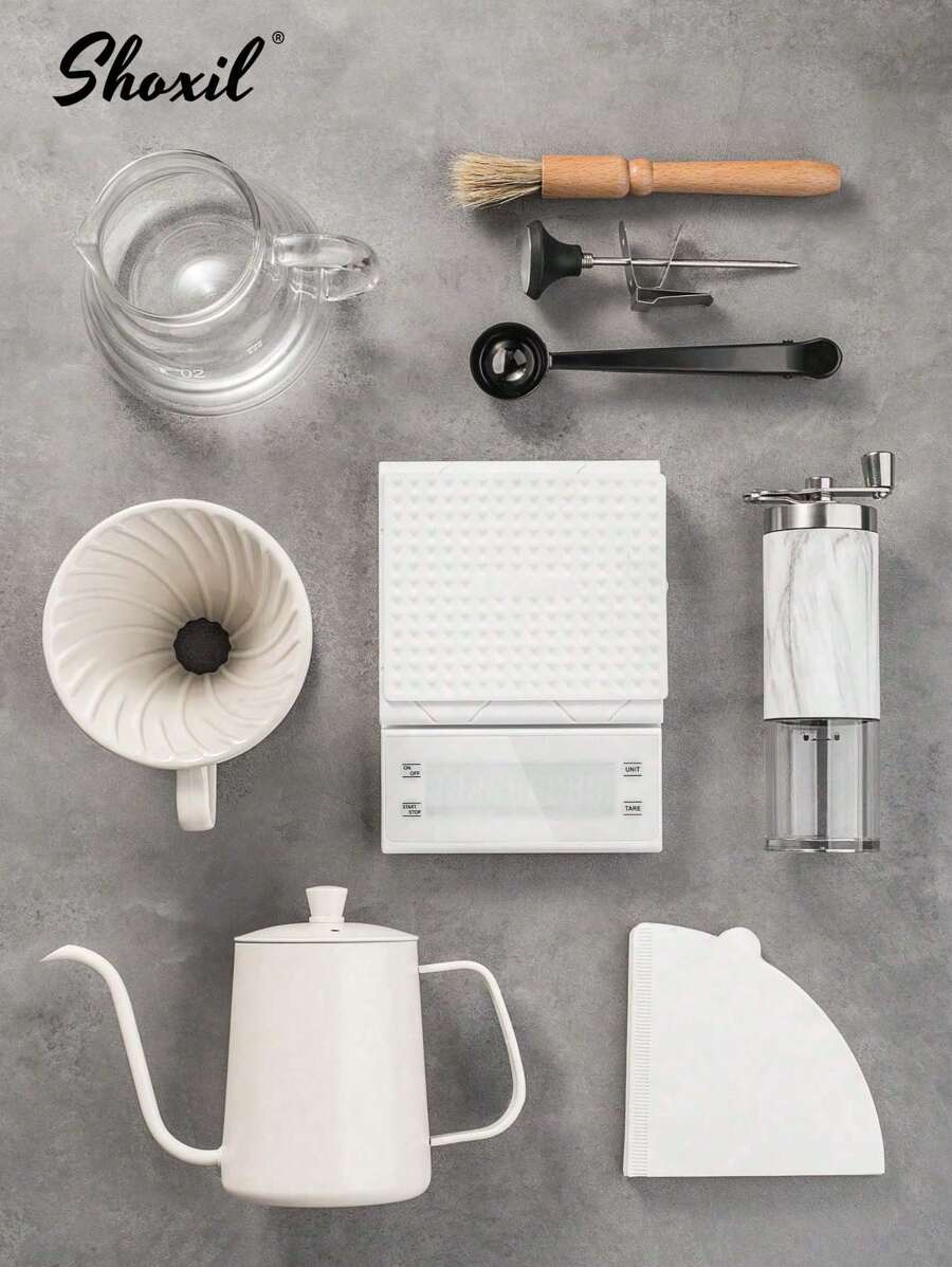 shoxil 咖啡套装、02号手冲咖啡壶套装、滴滤咖啡礼品套装、旅行咖啡配件工具、咖啡壶和温度计、带陶瓷滴滤器的玻璃咖啡壶、手动咖啡研磨机、咖啡勺、咖啡秤、咖啡研磨机清洁刷、100张咖啡滤纸