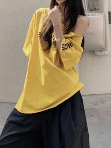 夏季不对称肩部宽松姜黄色字母印花短袖T恤休闲款 - 黃色 - 查看 4