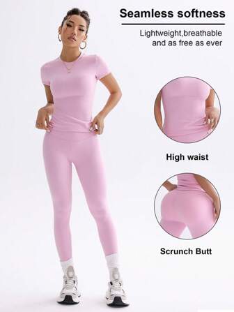 FWH Ungdomlig Campus Fitness Söt Enfärgad Topp, Vår-Sommar Stretchig Åtsittande Rund Hals Lätt Mode Mångsidig Ytterkläder Elegant Hög Midja Tajt Casual Magkontroll Vardag Grundläggande Dans Benförlängande Rumplyftande Gata Löpning Yoga Tvådelat Set