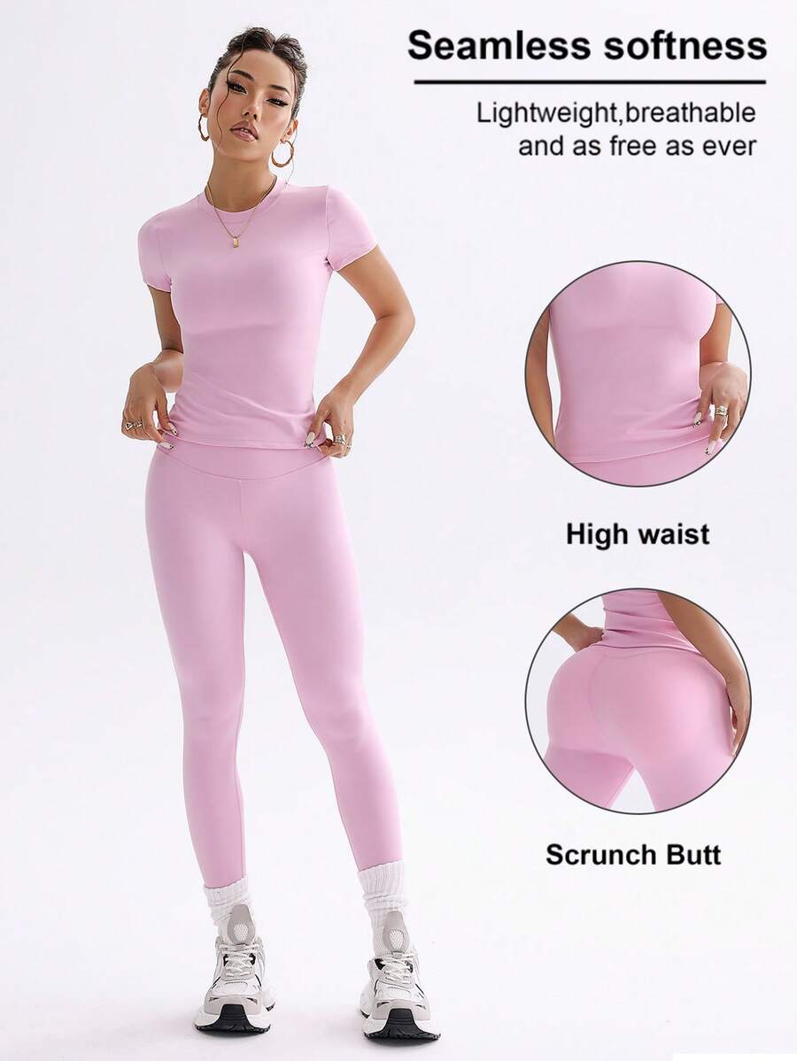 FWH 1. 可爱纯色露脐上衣，弹力修身圆领甜美时尚百搭外套，优雅高腰显瘦休闲收腹日常基础款舞蹈服拉长腿部线条提臀街头跑步瑜伽两件套，春夏款 - 淺粉色 - 查看 1