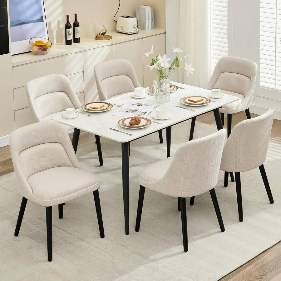 Upholstered Dining Chairs Set Of 2/4/6,Modern Fabric Kitchen Side Chairs With Thick Cushions And Wood Legs,Comfy Dining Room Chairs With Curved Backrest For Restaurant/Cafe - 米色-6件 - 查看 1