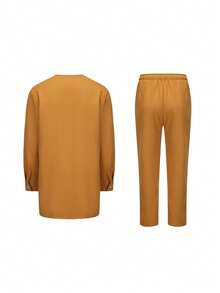 Kaftan Elegant African Men's Set 2 Pieces Outfits Long Sleeve Tops And Pants Full Luxury Men's Suit Wedding Men Clothing - Yellow - View 5