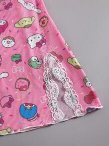 Sanrio 1 Stück Damen Rosa Sanrio Familie Süßer Digitaldruck, Transparentes Mesh & Rückenausschnitt, Rosa Pyjama, Süßes Nachthemd, V-Ausschnitt, Kontrastspitze, Seitenschlitz, Babydolls, Sexy Dessous, Sexy Dessous Kleid