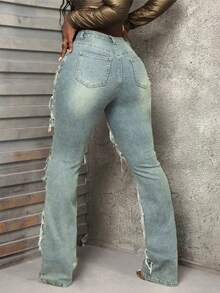 2025 Summer New Denim Laminated Hole Washed Straight Tube Fringe Fashion Casual Jeans - Màu xanh lam - Xem 5