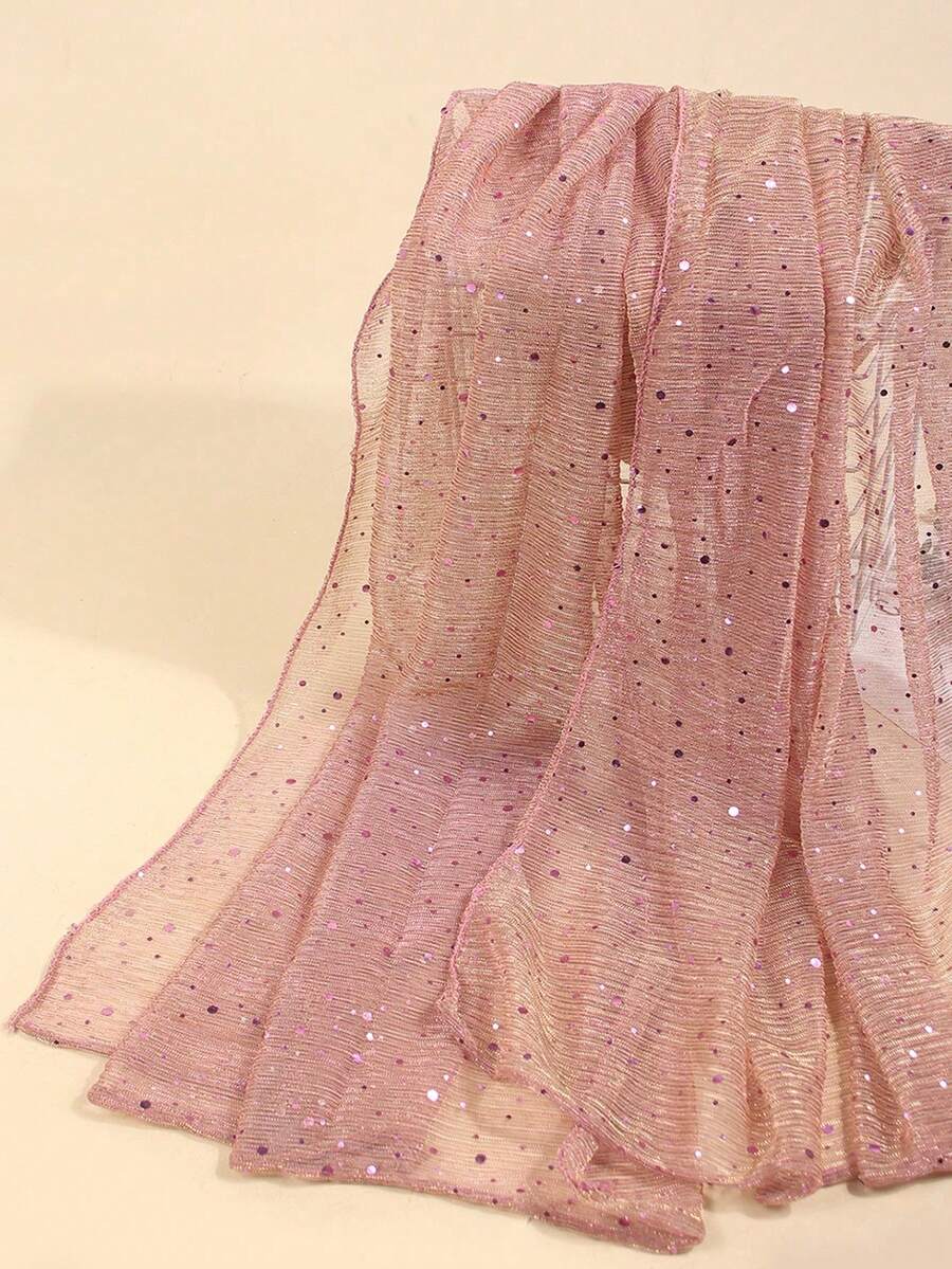 1pc Women's Bandana Lightweight Solid Sequin Scarf, Middle Eastern Headscarf Decor, Shawl, Suitable For Daily Use - Baby Pink - View 1