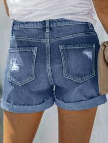 女士休闲水洗纽扣破洞牛仔短裤