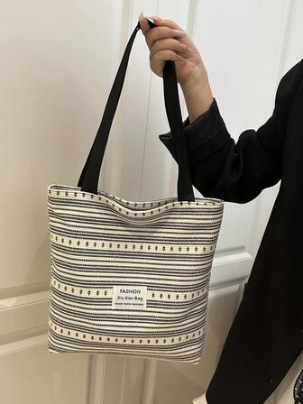 大容量女士帆布条纹托特包，休闲简约通勤单肩包