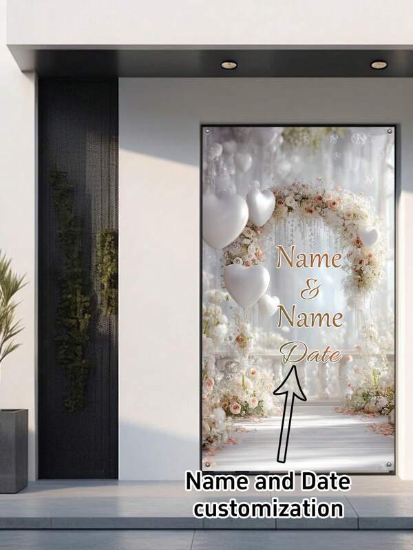 1 peça de pano de fundo para decoração de festa de casamento/casamento com nome e idade personalizáveis, fundo de flores brancas