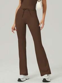 Women's Adjustable Drawstring T-Shaped Hip Line Sports Outdoor Dance Flared Pants - Coffee Brown - View 5