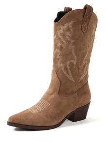 Botas cortas versátiles de moda para mujer, nuevas botas de otoño de punta puntiaguda, cómodas, de unicolor, con tacón grueso, antideslizantes, con bordados retro al estilo occidental, botas vaqueras