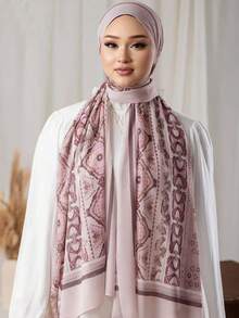 1 pièce Hijab en mousseline de soie imprimé, foulard de tête élégant et luxueux de couleur rétro pour femmes, accessoires hijab abaya, voile pour robe - Multicolore - Voir 8