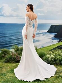 蕾丝缎飘逸优雅浪漫甜心领口奢华皇室婚纱白色婚纱高腰新娘婚纱教堂婚纱酒店婚纱花园婚纱海滩婚纱经典婚纱 - 白色 - 查看 2