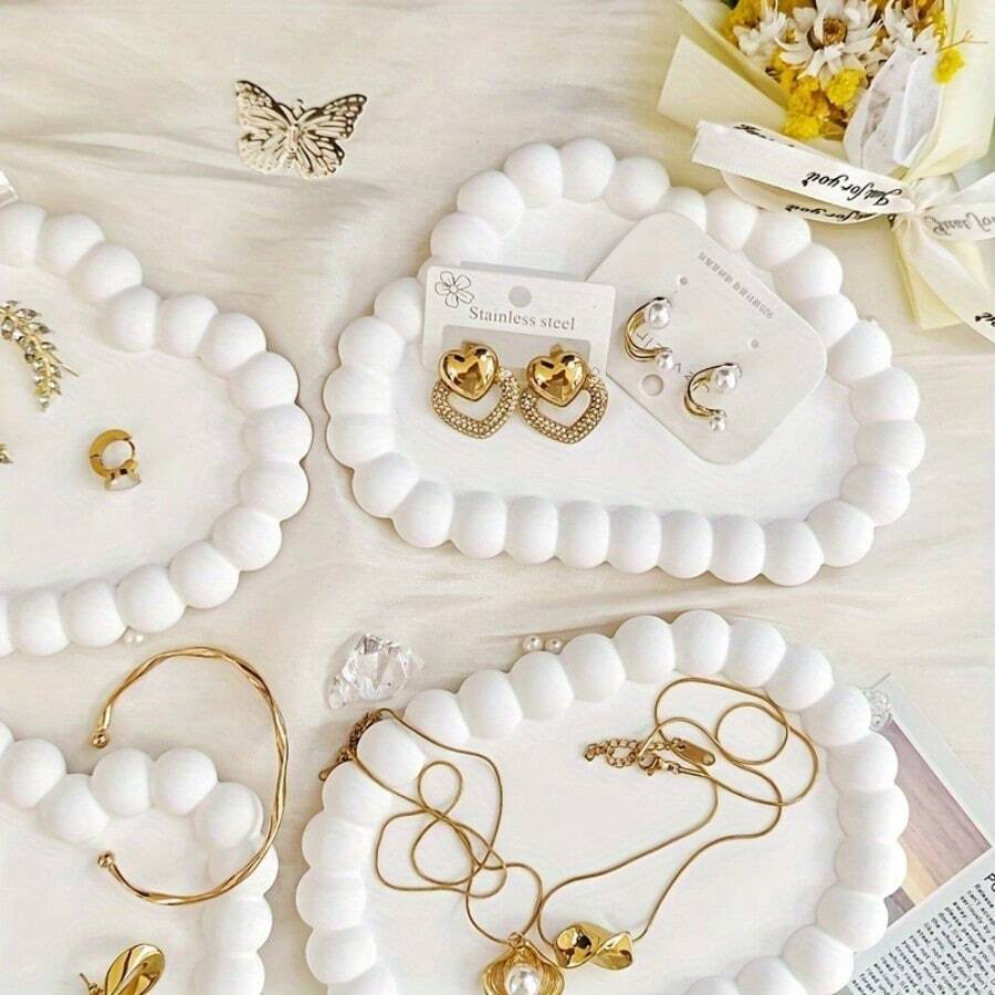 [1pc Jewelry Display Tray] 1pc Plaster Jewelry Display Tray, Jewelry Tray, Exquisite White Ring Earrings Tray, Dressing Table Decoration Display Tray, Jewelry Display Decoration Photo Props, Jewelry Trays