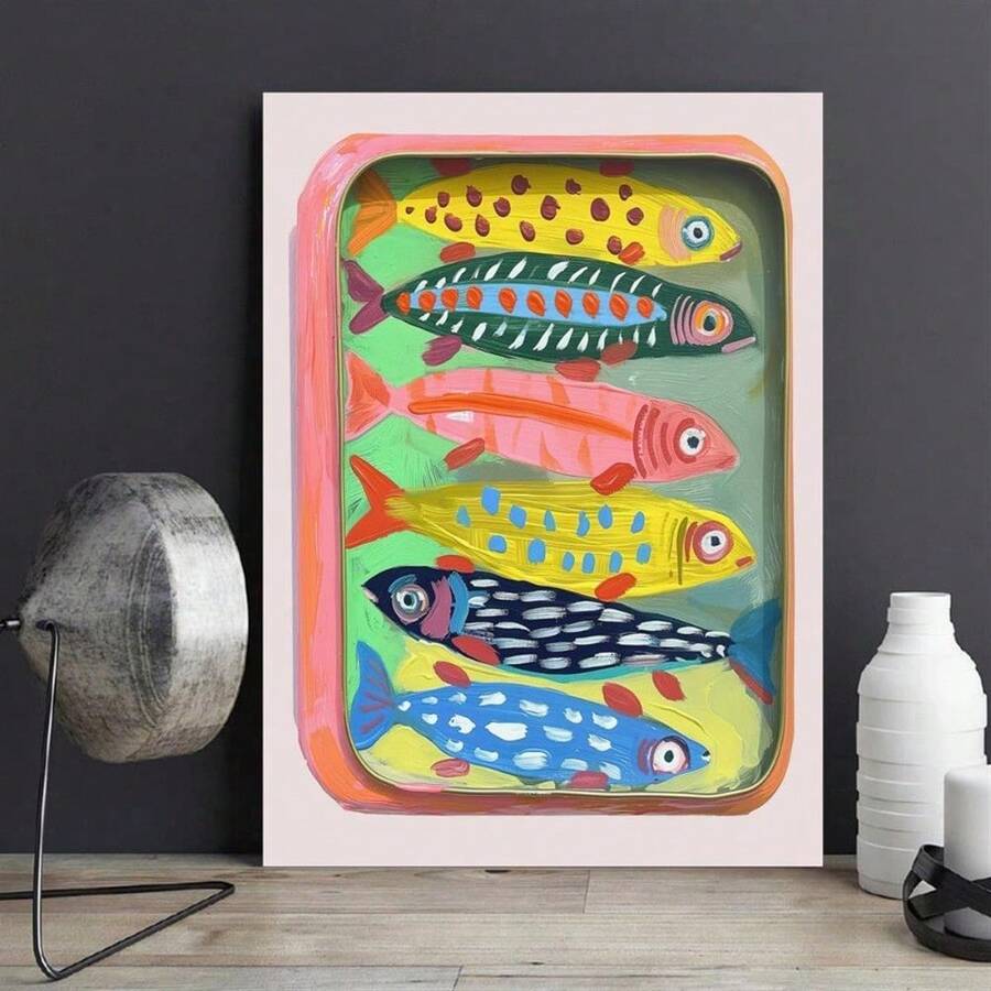 1 pezzo Pittura di sardine, decorazione artistica classica moderna per pareti di soggiorno, camera da letto, ufficio domestico - opera d'arte a tema animale per interni ed esterni, design astratto di vita acquatica opzionale con cornice, opera d'arte con cornice - Multicolore - Visualizzare 1