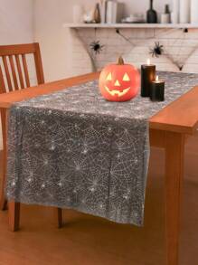 1Pc Halloween Spider Web Pattern Mesh Gauze Table Runner,Black Silver Table Cover,180*75cm Polyester Tablecloth,Trick Or Treat Decoration For Halloween,Happy Halloween Decorations,Halloween Party Supplies,Halloween Decorations,Home Party Decor,Dining Table Decoration,Festival Party Favors,Fall Decor,Kitchen Decor,Tabletop Decor