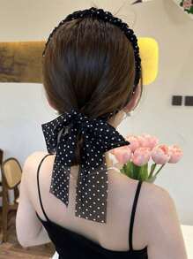2/1 Pc Polka Dot Ribbon Headband With Long Trailing Bows, Suitable For Daily Wear By Women, Hair Accessory To Create Hairstyles, Sweet & Charming Hair Hoop, High Crown Headband