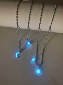 ATLVXJL 2 pièces/Set Couple Lune et Soleil Phosphorescent Pendentif Magnétique Chaîne en Acier Inoxydable avec Perles, Convient pour le Port Quotidien et Cadeau de la Saint-Valentin