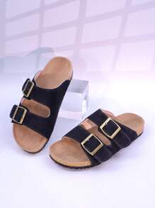 1 par de chanclas de verano unisex para adolescentes/parejas, con hebilla metálica decorativa, cómodas sandalias planas de punta abierta para uso diario