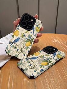 花卉皮革单件装复古柠檬、小鸟、蓝莓花卉竖款仿皮软壳防摔手机壳，兼容苹果15/15 Plus/15 Pro/15 Pro Max，防水防震防刮，弹簧 - 彩色 - 查看 2
