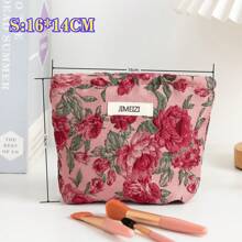 Red Rose Floral Pattern Handbag Cosmetic Pouch, Portable Sanitary Napkin Organizer Bag, Large Capacity Wallet, Zipper Storage Bag For Travel & Makeup Brushes