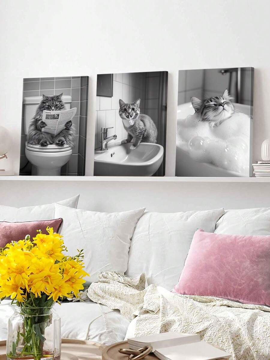 Set Of 3 Bathroom Scene Poster, Cat Newspaper Canvas Print Wall Arts, Reading Cat Poster, Sink Splash Art Prints, Relaxing Cat Wall Arts, Bubble Bath Bulk Modern Artwork, Wall Arts, Room Aesthetic, Posters, Ideal Gift, Optional Framed ,Wall Art With Frame