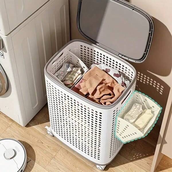 Laundry Basket With Wheels – White & Gray Plastic Hamper With Ventilated Sides For Clothes – Movable Storage Solution For Dorms, Bedrooms, And Bathrooms, Laundry Room Accessories, Laundry Baskets.