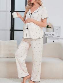 孕妇睡衣套装，简约 V 领，可爱樱桃印花，蝴蝶结细节孕妇休闲套装 - 彩色 - 查看 5