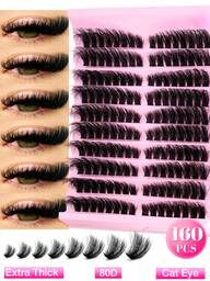 160pcs Individual Eye Lash Clusters, 80D D Curl 8-16mm, DIY Eye Lash Clusters Paired Left & Right, Super Dense, Fluffy, Natural Look, Reusable Individual Eyelash Extension Kit, Suitable For Home Use Or Outdoor, Applicable For Daily Life, Wedding, Date, Party, Music Festival And Travel Lash Clusters,Eye Lash Clusters,Individual Eyelashes,Lashes,Fake Lashes