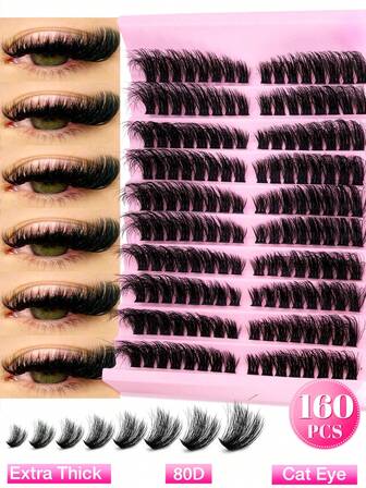 160pcs Individual Eye Lash Clusters, 80D D Curl 8-16mm, DIY Eye Lash Clusters Paired Left & Right, Super Dense, Fluffy, Natural Look, Reusable Individual Eyelash Extension Kit, Suitable For Home Use Or Outdoor, Applicable For Daily Life, Wedding, Date, Party, Music Festival And Travel Lash Clusters,Eye Lash Clusters,Individual Eyelashes,Lashes,Fake Lashes