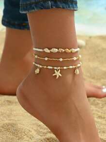 Conjunto de 3 peças de tornozeleiras femininas com pingentes simples de concha e estrela do mar, joias minimalistas estilo praia para uso diário e viagens (concha, estrela do mar, concha, cor aleatória)