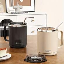 不锈钢咖啡杯（带吸管）、多用途保温水瓶、办公室和家用双层真空杯（带盖） - 彩色 - 查看 3