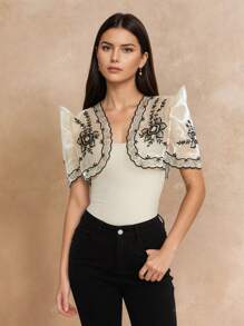 Modern Filipiniana Women Floral Print Frill Short Sleeve Round Neck Open Front Cropped Cardigan, Spring/Summer