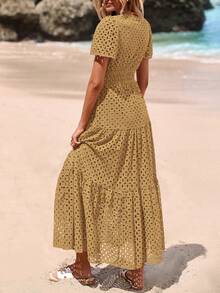 Women's Spring And Summer Maxi Dress Short Sleeve V Neck Hollow Out Eyelet A Line Long Flowy Wedding Guest Beach Vacation Dresses For Women - 卡其色 - 查看 2