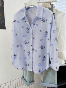 YUXIN Elegant Ditsy Floral Blouse, Lightweight Breathable Women's Shirt For Spring, Summer & Autumn - Lake Blue - View 4