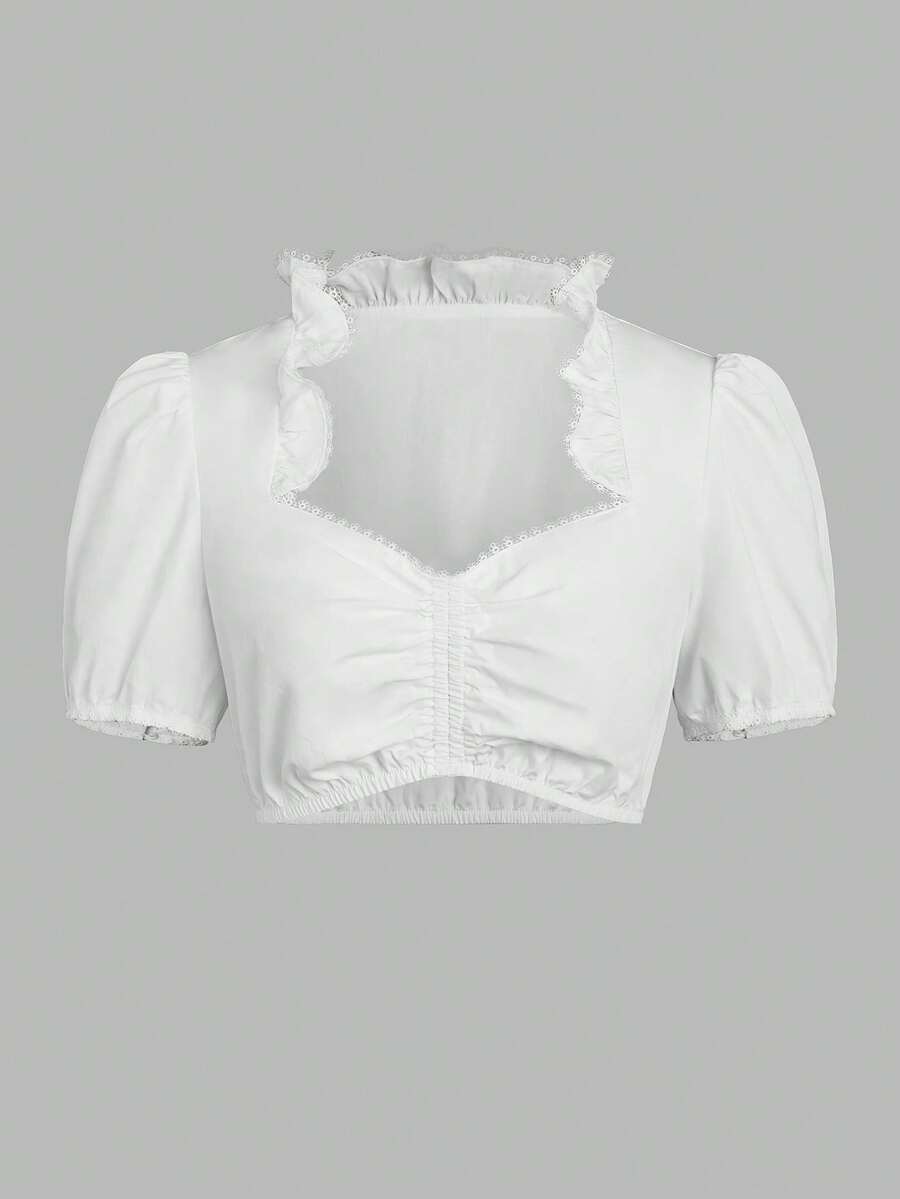 ii Women's Bavarian Oktoberfest Costume Traditional Dirndl Half Sleeve Lace Blouse Classic Tops, Halloween