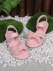 新款珍珠绑带凉鞋，韩版休闲女鞋，沙滩度假平底拖鞋 - 粉色 - 查看 5