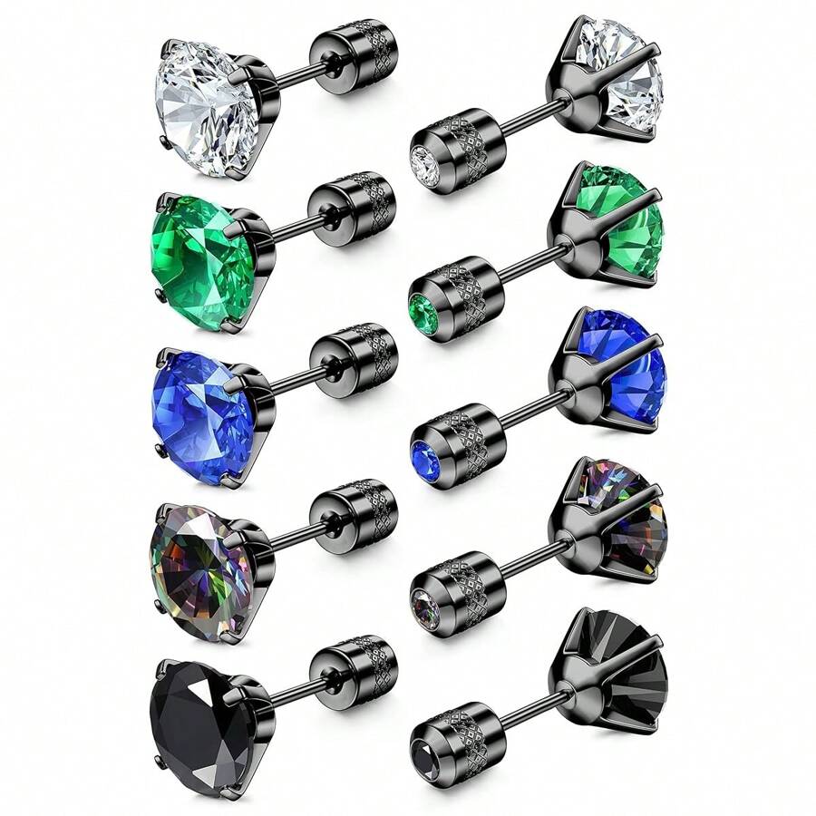 Cubic Zirconia Stainless Steel Earrings For Men - Multi-Color Gemstone Studs, Black Hypoallergenic Earrings, Everyday Jewelry Gift For Him (5 Packs/1-Pair Options)