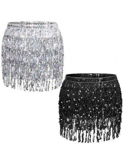 1pc Belly Dance Sequin Tassel Mini Skirt, Waist Chain Beaded Hip Scarf, Suitable For Stage Performance