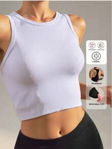 1 pieza Sujetador deportivo para mujer de color liso, con tirantes plateados y espalda de tipo racer, cómodo - Blanco - Ver 1