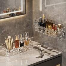 1pc Ice Texture Bathroom Square Shelf, Wall Mounted Transparent Storage Rack For Vanity, Shower Room, Kitchen, No Drilling Required Back To School