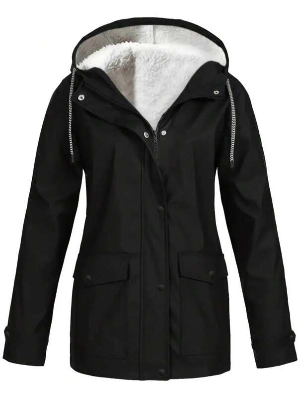 Women's Winter Jacket, Women'S Cozy Fleece-Lined Hooded Jacket - Casual Solid Color With Button Details, Long Sleeve Outerwear For Fall/Winter, Windproof & Warm, Winter Jacke