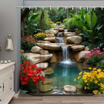 1pc Vibrant Garden Waterfall And Colorful Flowers Shower Curtain, Non-Light-Blocking Polyester Fabric With Hooks, Windows And Walls Bathtub Bathroom Home Decoration Shower Curtain, All Season Universal Back To School Bathroom Decor
