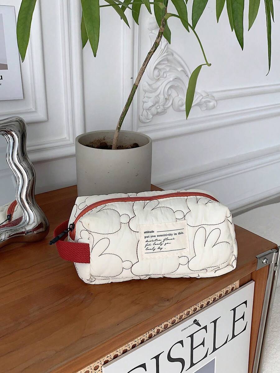 1 件简约纯色兔子绗缝可爱铅笔盒女士化妆包便携式收纳袋学校用品，返校，学校用品，铅笔袋，书包 - 白色 - 查看 1