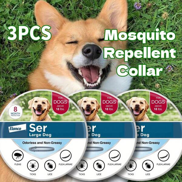 3pc Large Dog Mosquito Repellent Collar Protect Pets Eli Lilly Celeste Large Dog Collar Built-In Plant-Based Formula, Drive Away Fleas And Ticks, Bite-Resistant, Waterproof| 8 Months Protection