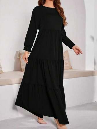 女士优雅纯色长袖连衣裙，春夏