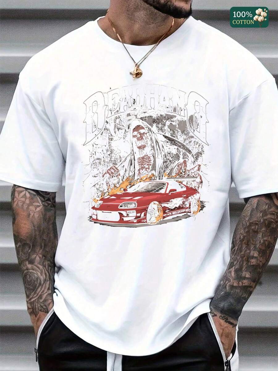 100% Cotton Unisex Round Neck Short - Sleeve "Deadhang" Graphic T - Shirt - trắng - Xem 1