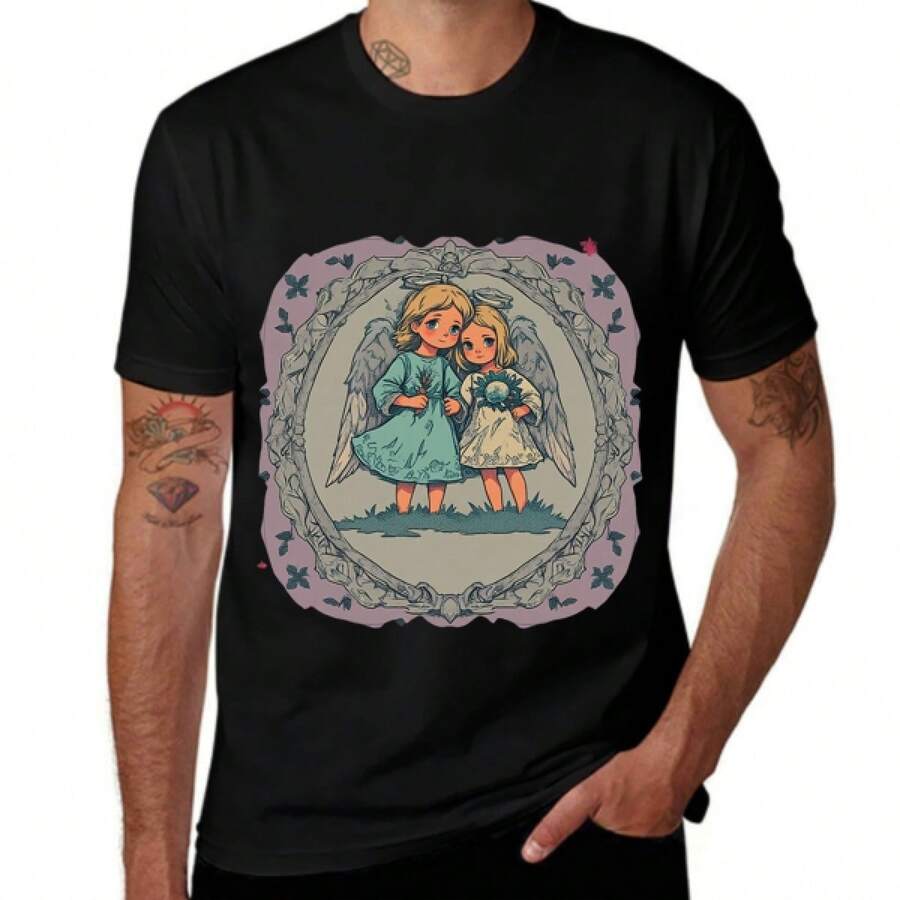 \\?\2025 Summer New Hot Selling T-Shirts-Two Small Children Sitting On A Round Blue Cushion, Facing Each Other, With A Bird Flying Above Them And A Text Overlay That Reads, 'lexander In Chains, Let Your Wings Fly.' - Black - View 1