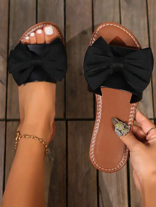 Girl's New Arrival Sweet Fashion Elegant Romantic Extra Large Bow Flat Sandals, Flat Heel Fashionable Slippers Sweet Princess Style For Spring Summer, White Bow Sandals, Black Bow Sandals